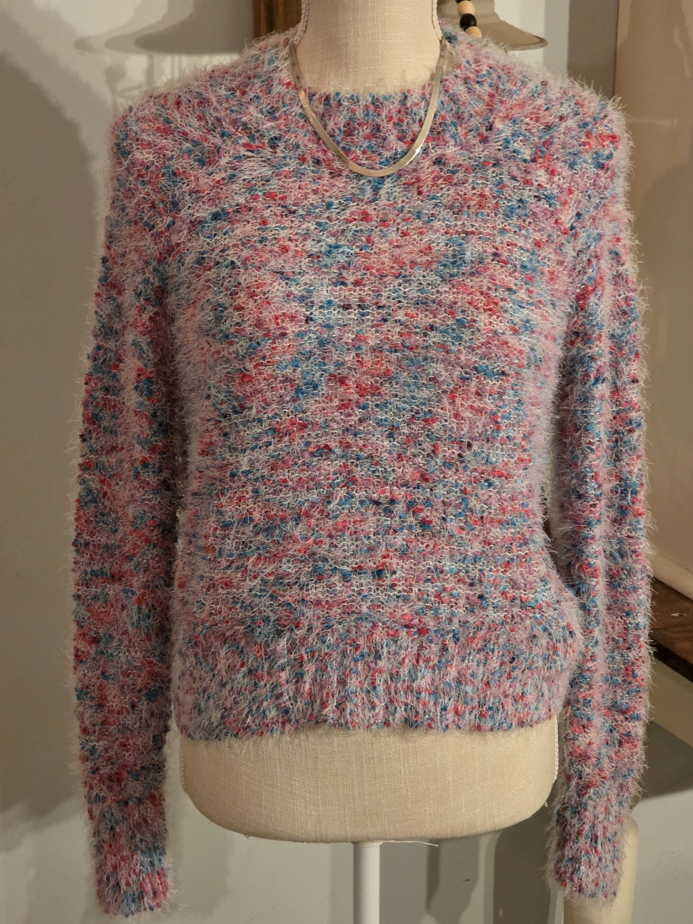 Fuzzy Multicolor Crewneck Sweater - Pink/Blue